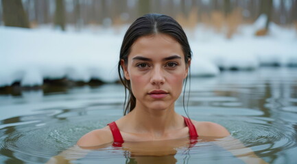 A young woman swims in a river in the snow in winter to improve her health.