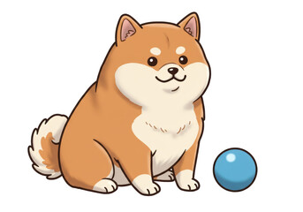 Isolated Shiba Inu dog with a blue ball is sitting next to the toy ball in the sunshine