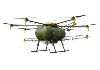 Isolated crop duster drone with green tank, black frame and yellow details in flight