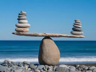 Concept of harmony and balance stones near the ocean waves for mindfulness and meditation