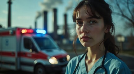 A female doctor in medical clothing arrived in an ambulance to a call to a dirty factory with exhaust pipes.