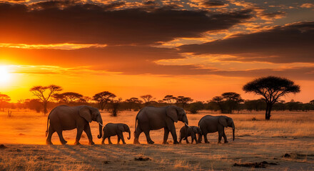 Elephant Family Silhouette at Sunset African Wildlife Walking Togetherness