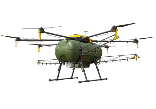Isolated crop duster drone with green tank, black frame and yellow details in flight