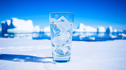 Cooling water with ice in a clear glass in the Arctic on a clear blue sky