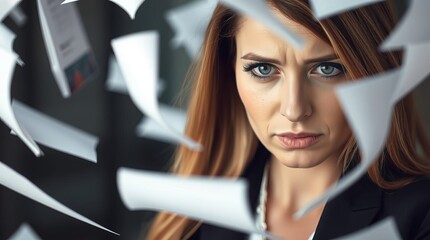 A young businesswoman is overwhelmed with paperwork at work. Concept of overwhelming paperwork