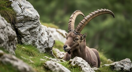 Majestic ibex standing proudly on a rocky mountainside in nature