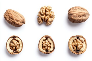 Whole walnuts displayed in various stages on a clean white surface