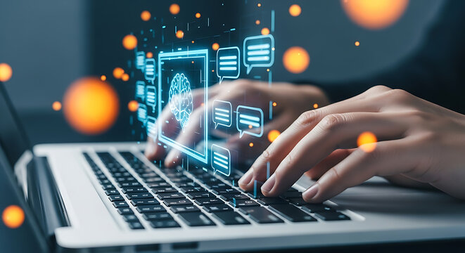 Close up of hands typing on a laptop with emerging ai brain and conversation bubble icons.