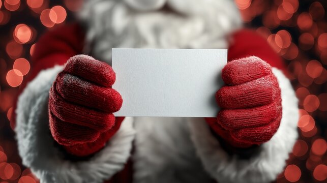 Santa Claus in red mittens holding blank white card towards camera, close up, place for text