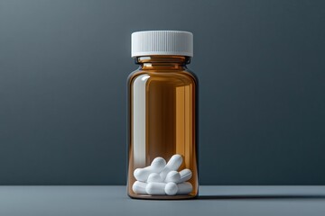 Brown medicine bottle with white pills on a gray background