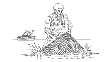 Fisherman Line Art — Man Hauling Net from Water on Boat, Dynamic Posture Close-Up, Minimal Continuous Vector Illustration