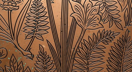 Intricate etched botanical pattern on a warm copper surface with delicate floral and leafy designs