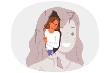 Woman with psychological problems looks out of own destroyed image and needs psychotherapy session. Sad girl suffers from psychological disorder and apathy due to lack of motivation