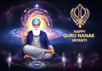 Happy Guru Nanak Jayanti Greeting with Guru Nanak Dev Ji and Golden Khanda Symbol