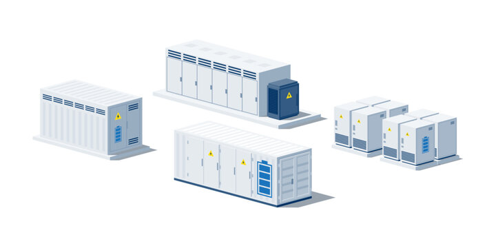 Different types of battery energy storage power containers for renewable energy. Industry utility scale system for electricity distribution transmission grid. Isolated vector illustration on white. 