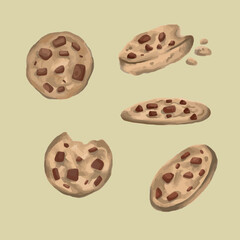 Hand-painted illustration of chocolate chip cookies with a warm, cozy feel. Perfect for dessert menus, bakery packaging, food blogs, and design projects with a sweet homemade touch
