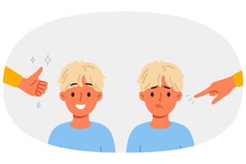Different approaches to raising child, and use of praise or blame in form of gestures. Process of raising boy who loves positive attitude and gets upset because of reproaches that violate child psyche