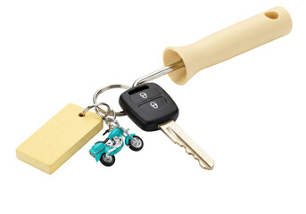 Isolated Keychain with motor bike, car key and handle, creative key bunch on keyring, modern