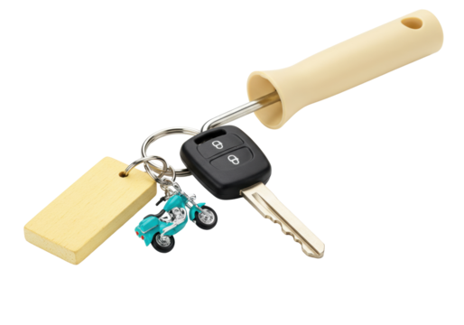 Isolated Keychain with motor bike, car key and handle, creative key bunch on keyring, modern