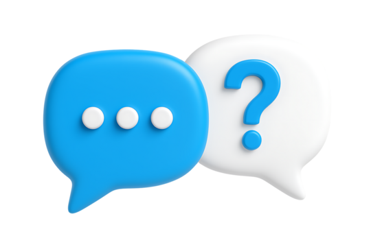 Blue and white speech bubbles with question mark 3d chat icon minimal realistic design element for help support faq or communication isolated on transparent background