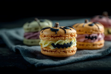 Halloween macarons shaped like skulls and pumpkins on a dark textured cloth