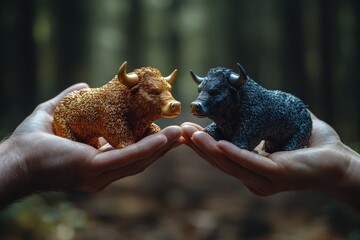 Obraz premium Hands holding golden and black bull figures in a serene forest setting