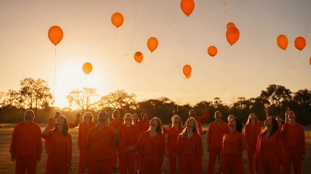 People Releasing Orange Balloons into Sky at Sunset