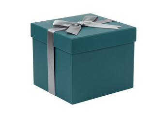 Isolated Teal Gift Box with Silver Ribbon Bow Elegant Present for Holiday or Birthday