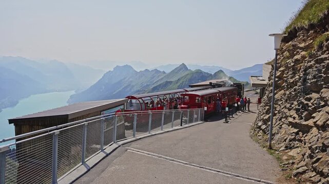 Historic Mountain Train at Brienzer Rothorn Summit Overlooking Lake Brienz, Filmed on July 31, 2025.