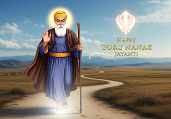 Happy Guru Nanak Jayanti Greeting with Guru Nanak Dev Ji and Golden Khanda Symbol