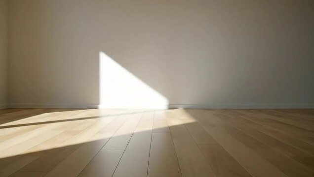 Shadows Dance on Wooden Floor: Sunlit geometric interplay of light and shadow graces a minimalist room, highlighting the clean lines of a wooden floor. A simple.