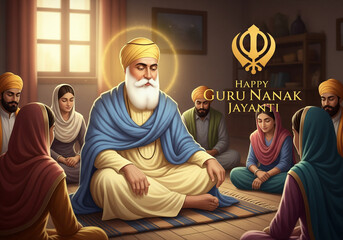 Happy Guru Nanak Jayanti Greeting with Guru Nanak Dev Ji and Golden Khanda Symbol