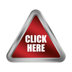 Red click here button. Metallic triangle shape. Selection point Vector. Directional sign emblem.