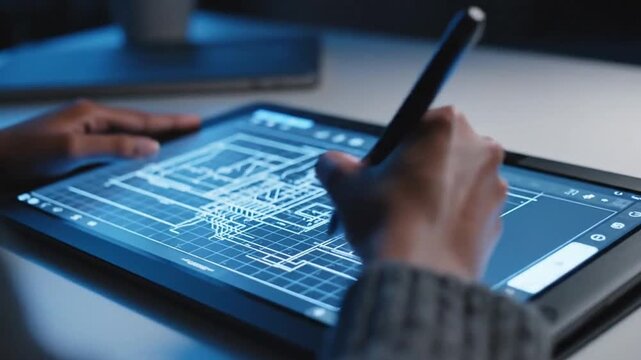 An over-the-shoulder shot captures a hand with a stylus on a large graphics tablet, as minimalist blueprints or a creative sketch glow on the screen in a dimly lit room.