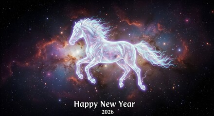 A plasma horse gallops across the galaxy, wishing you a happy new year 2026