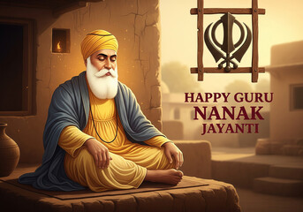 Happy Guru Nanak Jayanti Greeting with Guru Nanak Dev Ji and Golden Khanda Symbol
