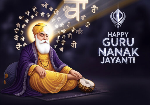 Happy Guru Nanak Jayanti Greeting with Guru Nanak Dev Ji and Golden Khanda Symbol