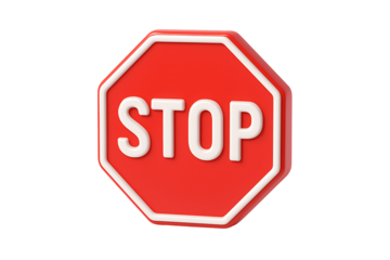 3d red octagon stop sign with white text representing a warning prohibition or an absolute command to cease movement isolated on transparent background