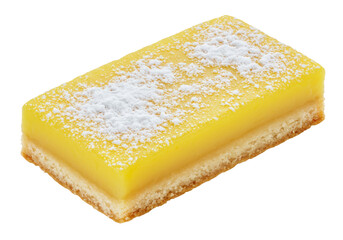 Isolated Lemon bar with a shortbread crust topped with powdered sugar on light background