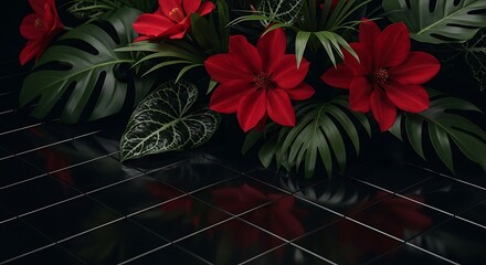 Luxurious dark floral arrangement with vibrant red flowers and lush green tropical leaves on a reflective surface