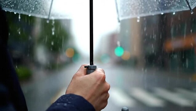Rainy Day Shelter: A person finds refuge under an umbrella during a downpour, against a cityscape backdrop, symbolizing protection and weather resilience. 