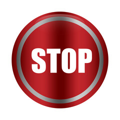 Red metallic badge. Stop word text. Danger warning symbol. Vector button illustration.