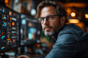 Young person working remotely in modern colorful coworking space with relaxed mood and natural light, freelance lifestyle concept