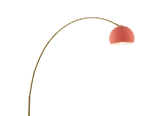 Isolated coral-colored arc lamp stands in upright position, casting light to room interior