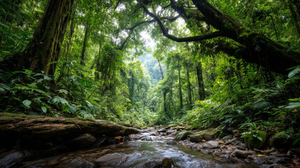 Naklejka premium Beautiful forest background for screensaver. with sunbeams. Calm close-up of fairytale forest and nature landscape, panorama. Summer vacation, holiday, amazing nature.