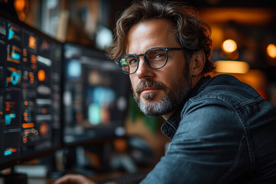 Young person working remotely in modern colorful coworking space with relaxed mood and natural light, freelance lifestyle concept