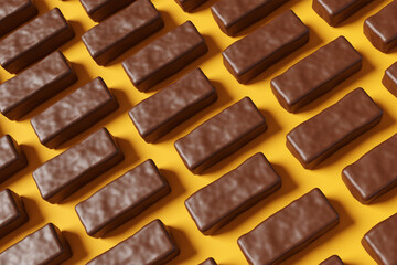 An array of mini chocolate bars on a yellow background. Illustration of the concept of confectionary, snack, candies and obesity