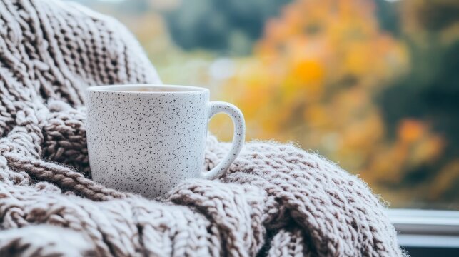 A Cozy Coffee Cup on a Table Wrapped in a Soft Beige Cable Knit Blanket by a Large Autumn Window
