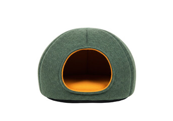 Isolated stylish modern green pet cave for cat or small dog cozy nap, rest, and hideout