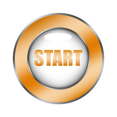 Start button icon. Orange beginning symbol. Metallic circular surface. Vector action element.